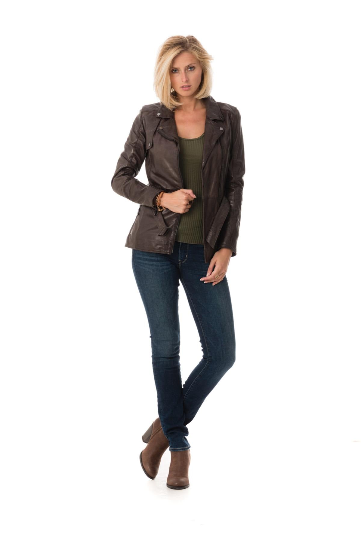 Aged brown lambskin jacket with a biker collar and slim, belted fit. - Image n°2