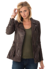 Aged brown lambskin jacket with a biker collar and slim, belted fit. - Image n°3