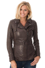 Aged brown lambskin jacket with a biker collar and slim, belted fit. - Image n°1