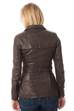Aged brown lambskin jacket with a biker collar and slim, belted fit. - Image n°6