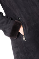 Deep grey suede lamb coat, peach-skin soft, wool-lined for winter. - Image n°5