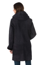 Deep grey suede lamb coat, peach-skin soft, wool-lined for winter. - Image n°4