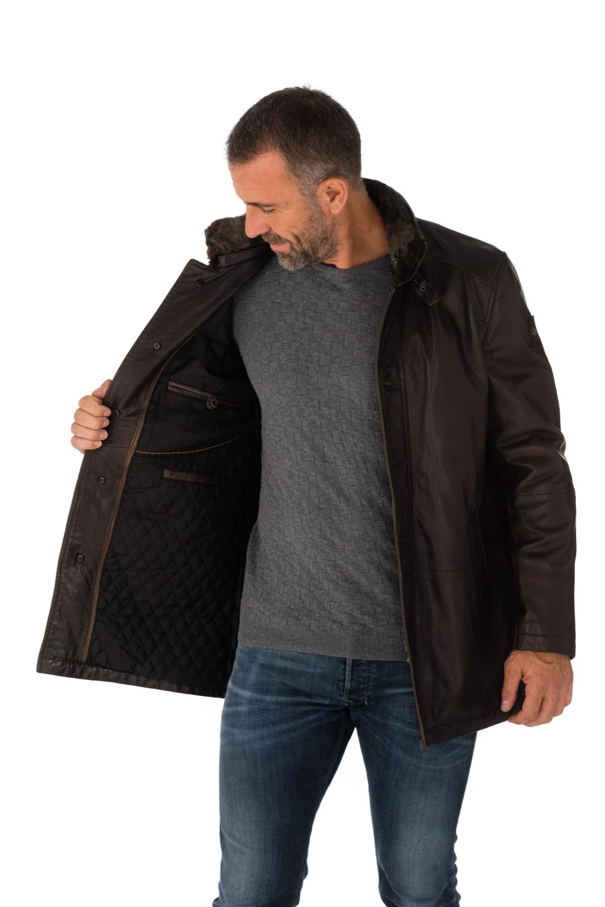 KODY 29: mid-length lambskin coat with detachable vegan-fur collar. - Image n°3