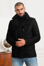 Modern pea coat by Chevignon: vachetta leather sleeves meet wool. - Image n°1