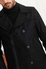 Modern pea coat by Chevignon: vachetta leather sleeves meet wool. - Image n°6