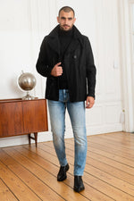 Modern pea coat by Chevignon: vachetta leather sleeves meet wool. - Image n°2