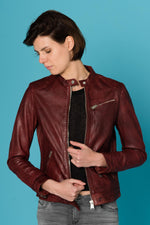 Bold red lambskin jacket with moto details and a slim, flattering fit. - Image n°3