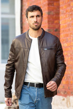 Brown sheepskin jacket with motorbike collar for mid-season style. - Image n°1