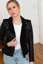 AURORA BLACK: sheep leather and goat suede in a skinny biker jacket. - Image n°1