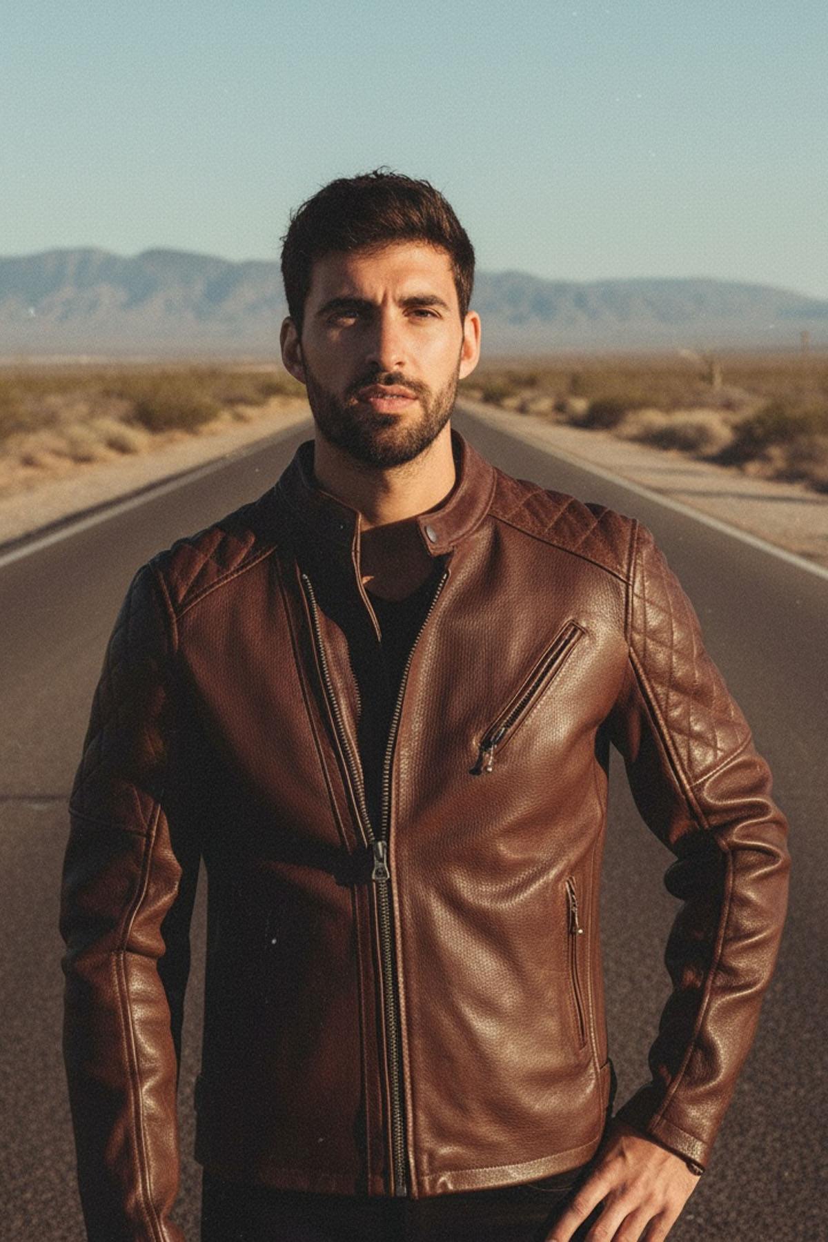 Brandy-hued grained cowhide jacket with quilted biker detailing. - Image n°1