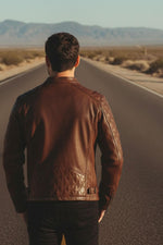 Brandy-hued grained cowhide jacket with quilted biker detailing. - Image n°2