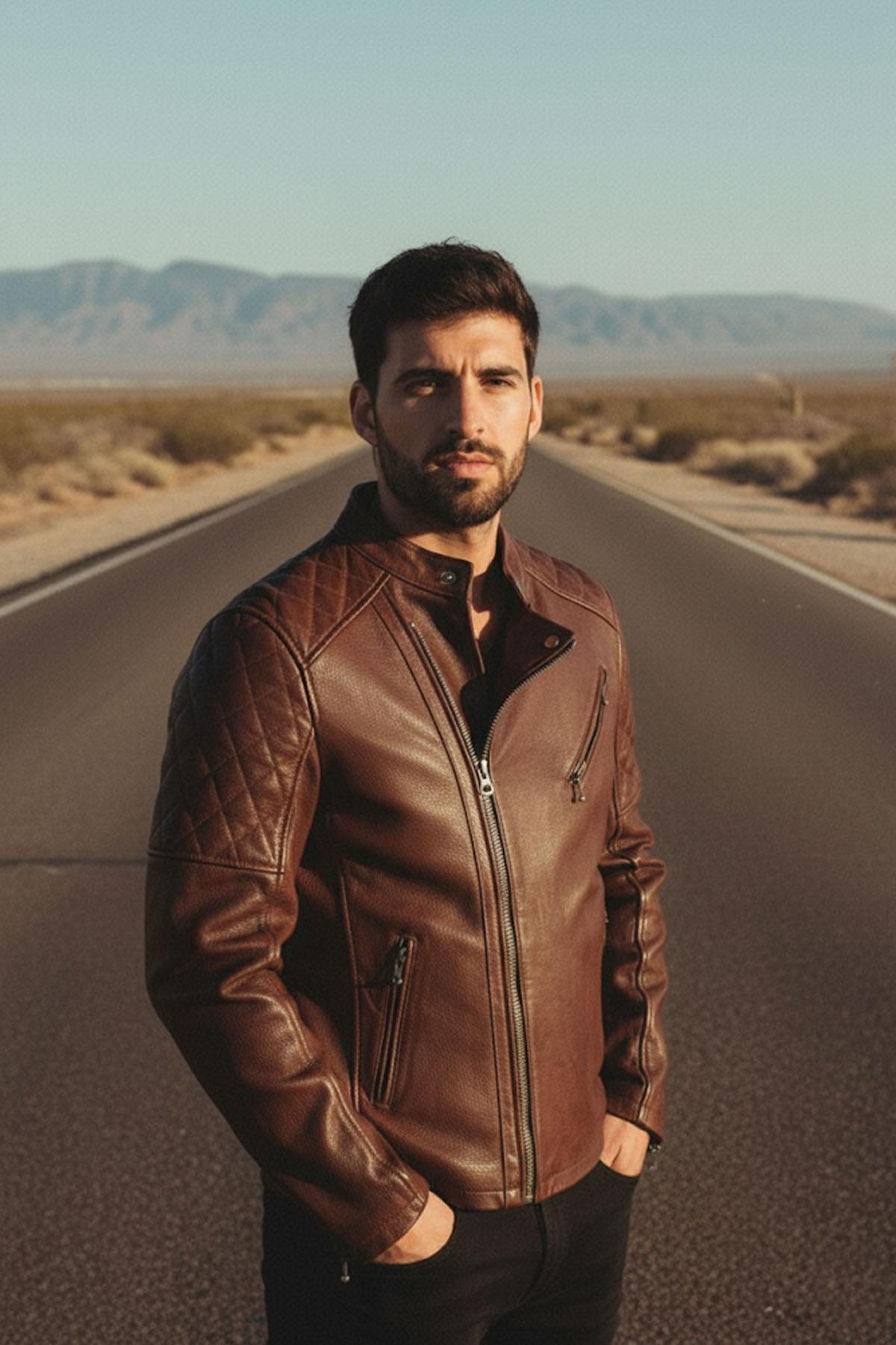 Brandy-hued grained cowhide jacket with quilted biker detailing. - Image n°4