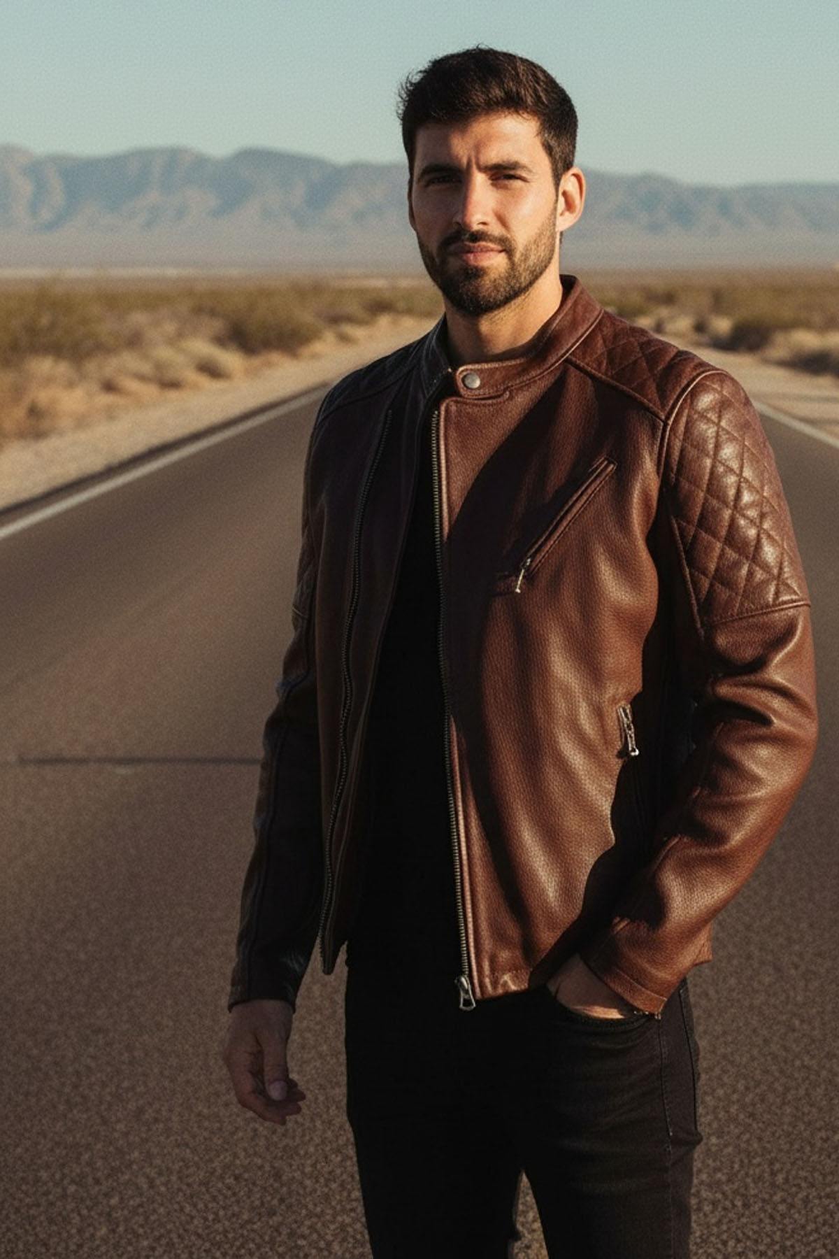 Brandy-hued grained cowhide jacket with quilted biker detailing. - Image n°3