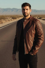Brandy-hued grained cowhide jacket with quilted biker detailing. - Image n°3