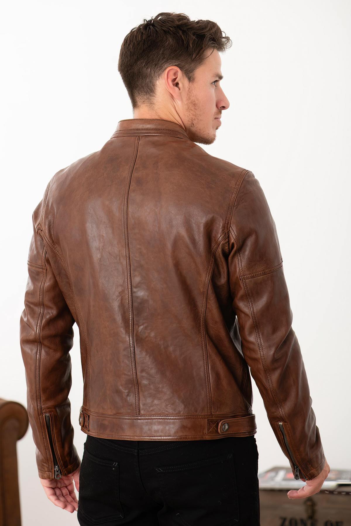Washed dark cognac lambskin biker jacket-vintage and structured. - Image n°5
