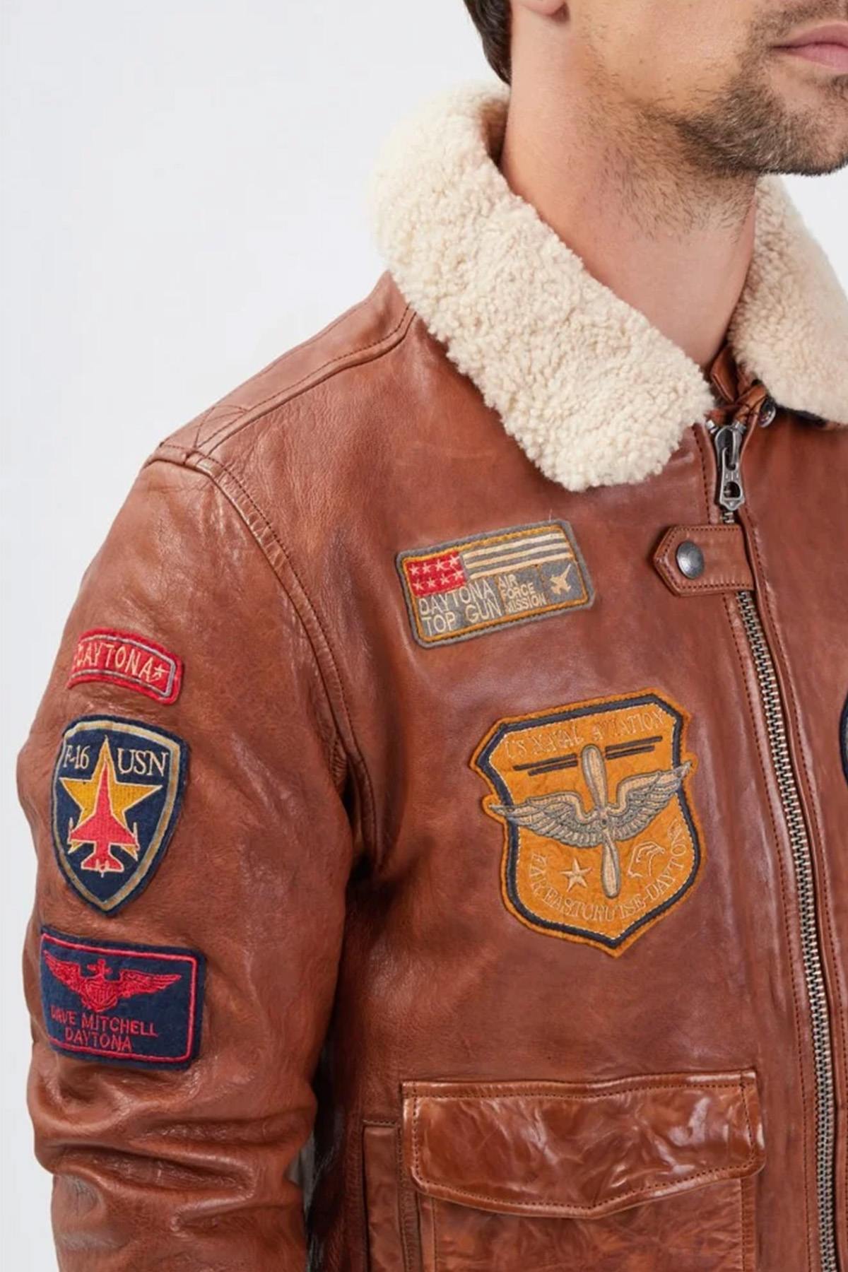 Aviator jacket in petrol cognac sheep leather with removable collar. - Image n°7