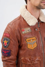 Aviator jacket in petrol cognac sheep leather with removable collar. - Image n°7