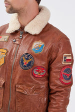 Aviator jacket in petrol cognac sheep leather with removable collar. - Image n°3