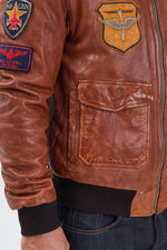 Aviator jacket in petrol cognac sheep leather with removable collar. - Image n°6