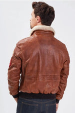 Aviator jacket in petrol cognac sheep leather with removable collar. - Image n°5