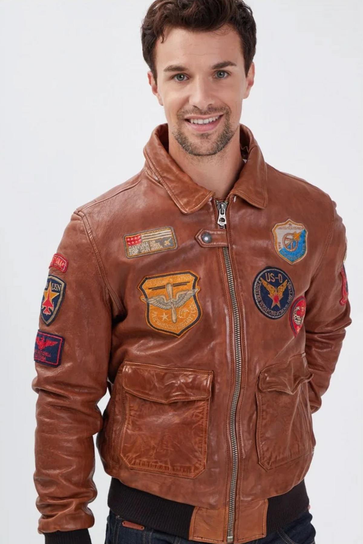 Aviator jacket in petrol cognac sheep leather with removable collar. - Image n°4