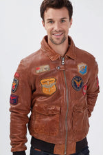 Aviator jacket in petrol cognac sheep leather with removable collar. - Image n°4