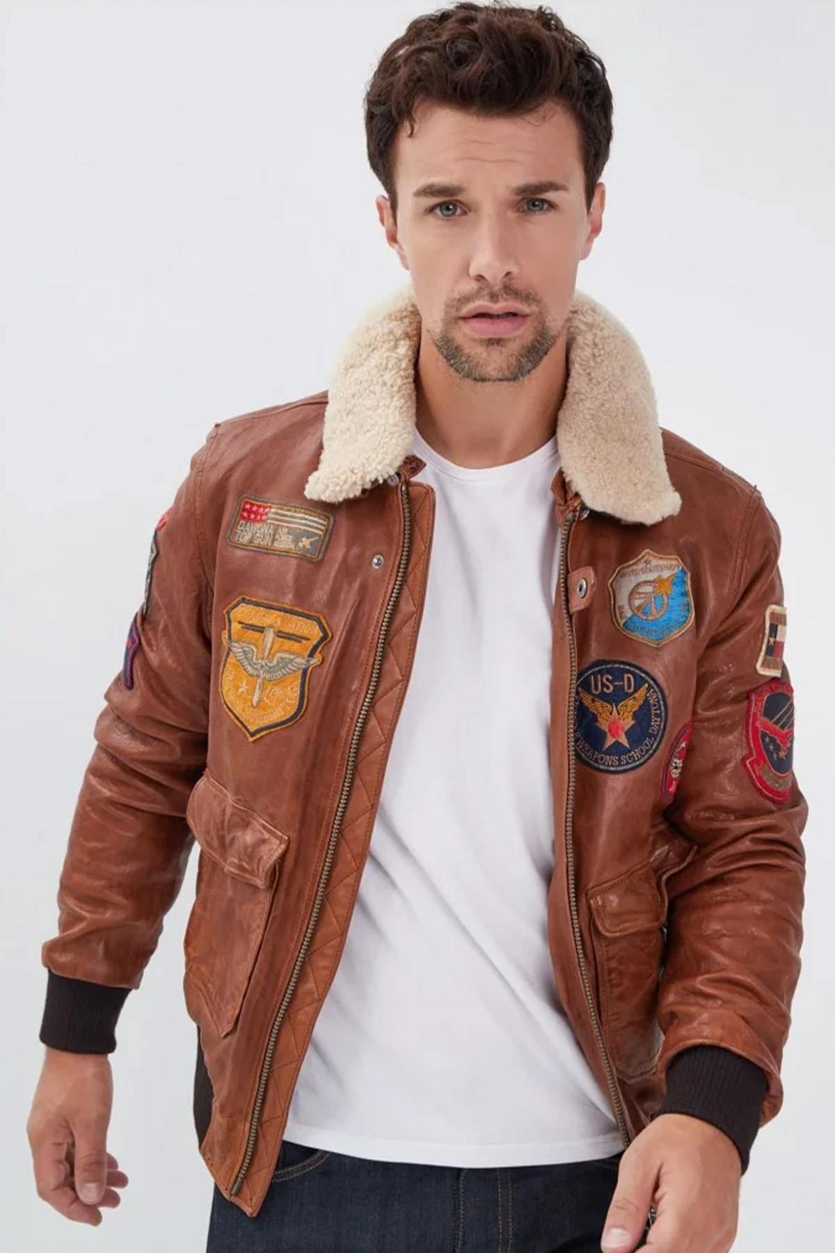 Aviator jacket in petrol cognac sheep leather with removable collar. - Image n°1