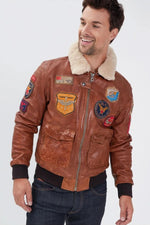 Aviator jacket in petrol cognac sheep leather with removable collar. - Image n°2