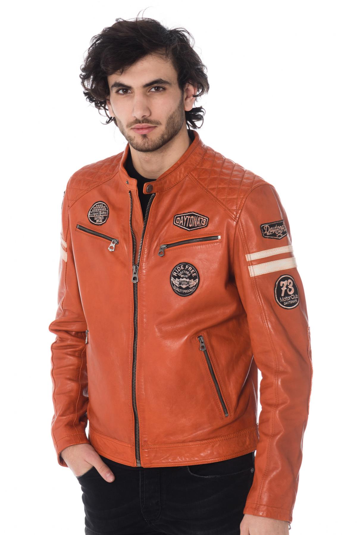 Urban-style sheep leather jacket in burnt orange with quilted details. - Image n°4