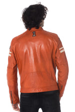 Orange leather biker jacket with patches - Image n°6