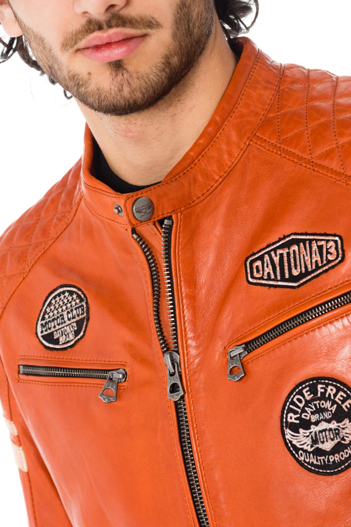 Orange leather biker jacket with patches - Image n°7