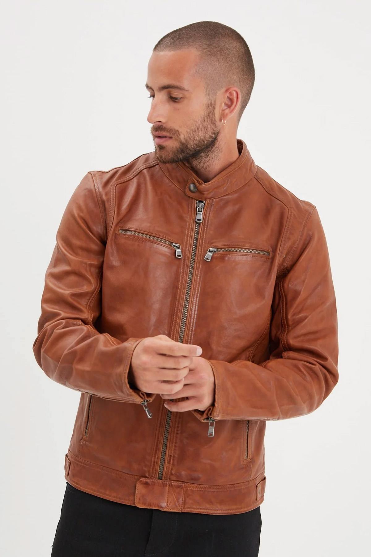 Supple Cognac sheep leather jacket with a slim fit and biker edge. - Image n°1
