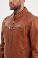 Supple Cognac sheep leather jacket with a slim fit and biker edge. - Image n°3