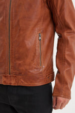 Supple Cognac sheep leather jacket with a slim fit and biker edge. - Image n°4