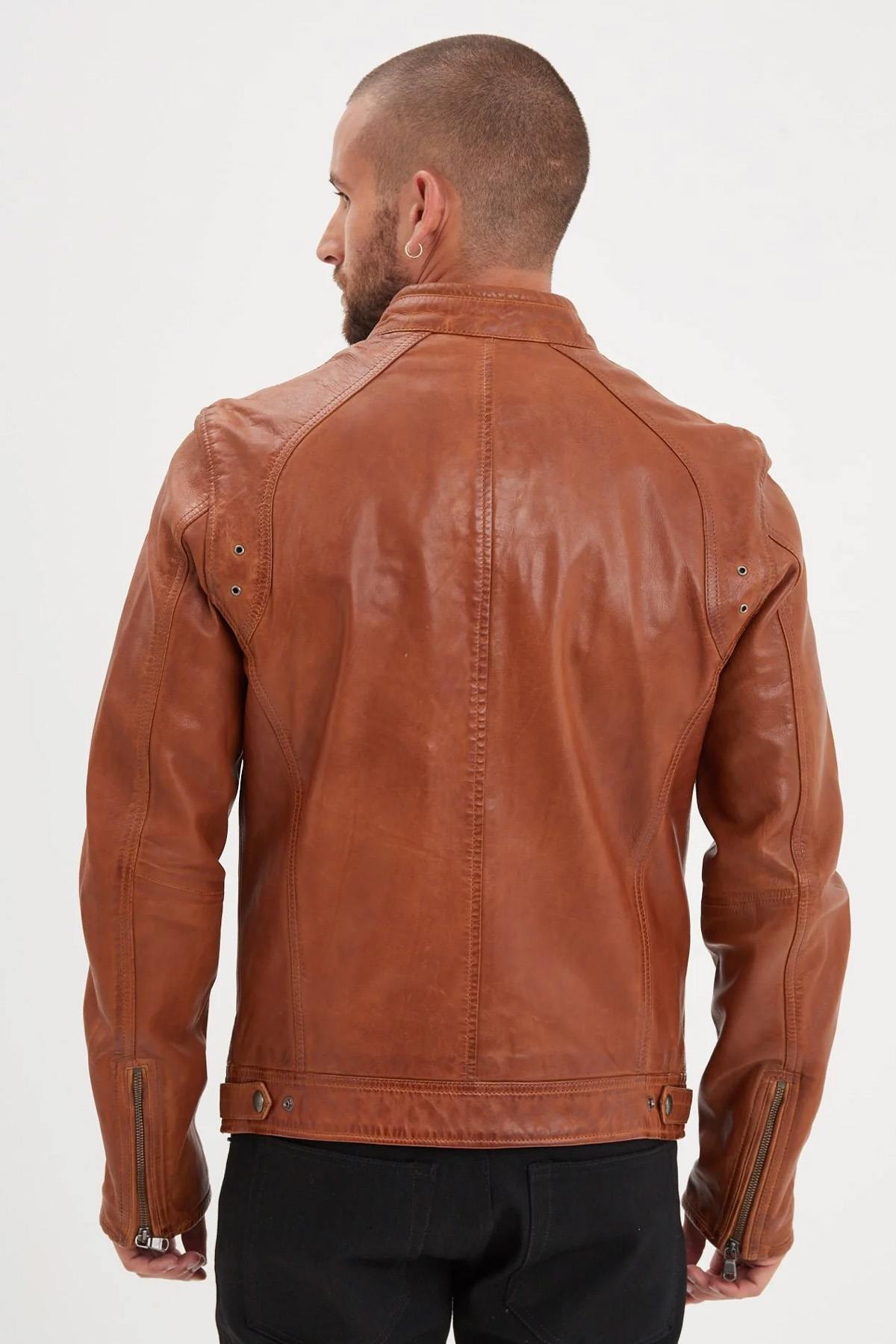 Supple Cognac sheep leather jacket with a slim fit and biker edge. - Image n°2