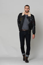 Petrol-black lambskin aviator jacket with aged leather and collar. - Image n°2