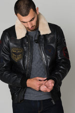 Petrol-black lambskin aviator jacket with aged leather and collar. - Image n°1