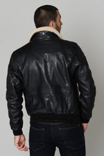 Petrol-black lambskin aviator jacket with aged leather and collar. - Image n°6