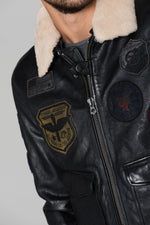 Petrol-black lambskin aviator jacket with aged leather and collar. - Image n°7