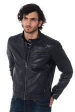 Midnight blue lambskin jacket with slim fit and quilted accents. - Image n°1