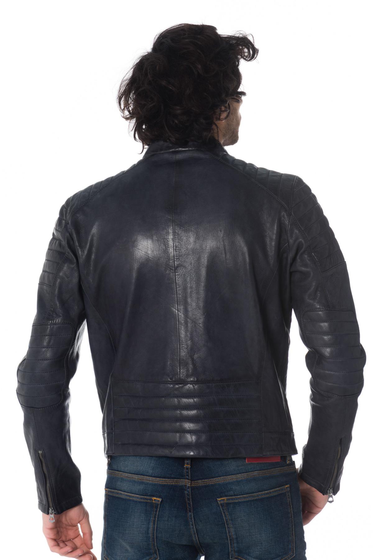 Midnight blue lambskin jacket with slim fit and quilted accents. - Image n°5