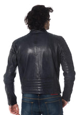 Midnight blue lambskin jacket with slim fit and quilted accents. - Image n°5