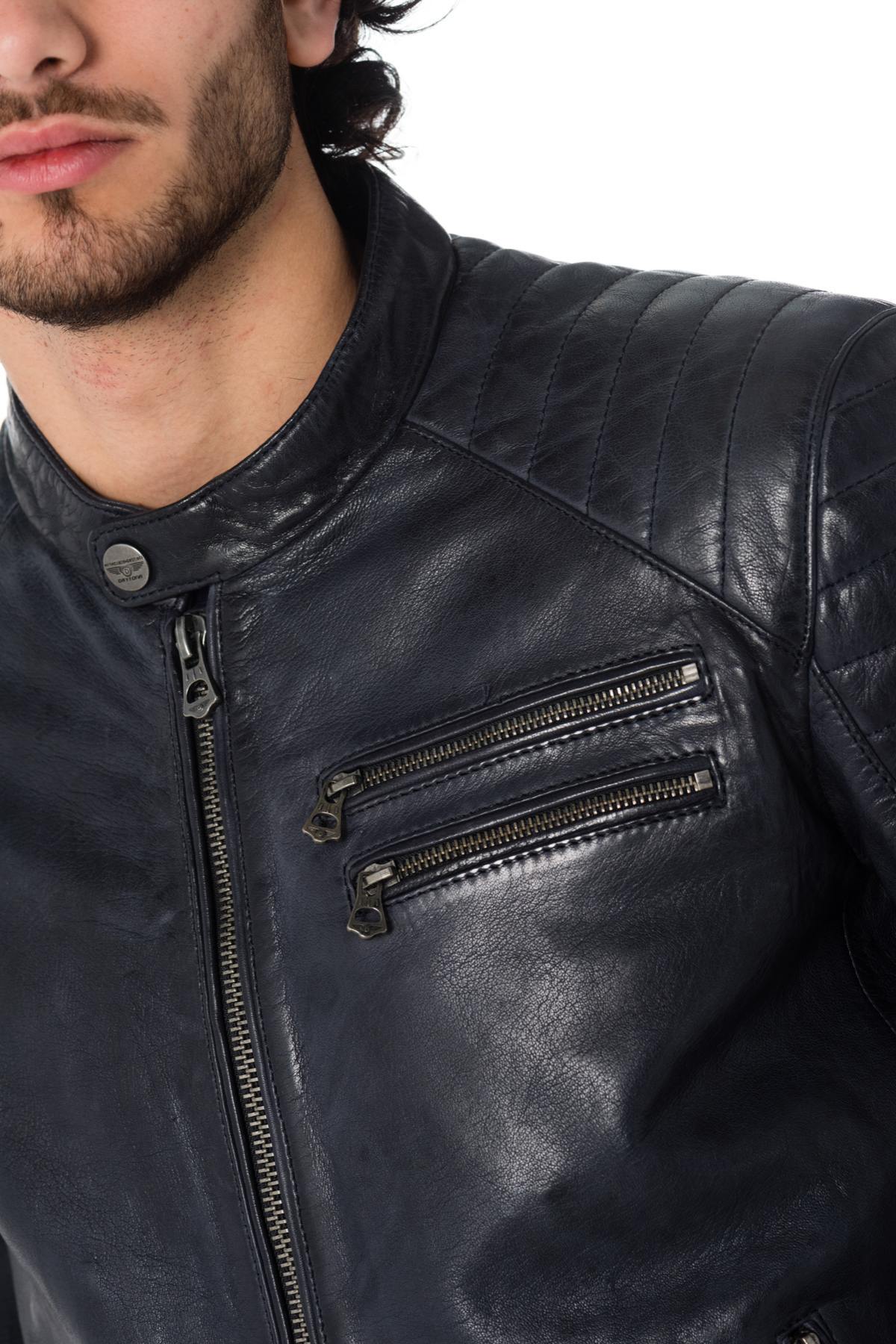 Midnight blue lambskin jacket with slim fit and quilted accents. - Image n°6