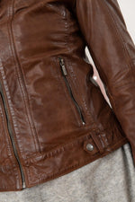 Aged bison sheepskin jacket with Mao collar and zip details. - Image n°7