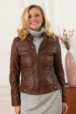 Aged bison sheepskin jacket with Mao collar and zip details. - Image n°3