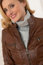 Aged bison sheepskin jacket with Mao collar and zip details. - Image n°8