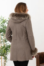 Warm grey reversed sheepskin coat with real fox fur trim. - Image n°5