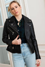 Sheepskin leather Biker Jacket with denim patch on the back - Image n°2