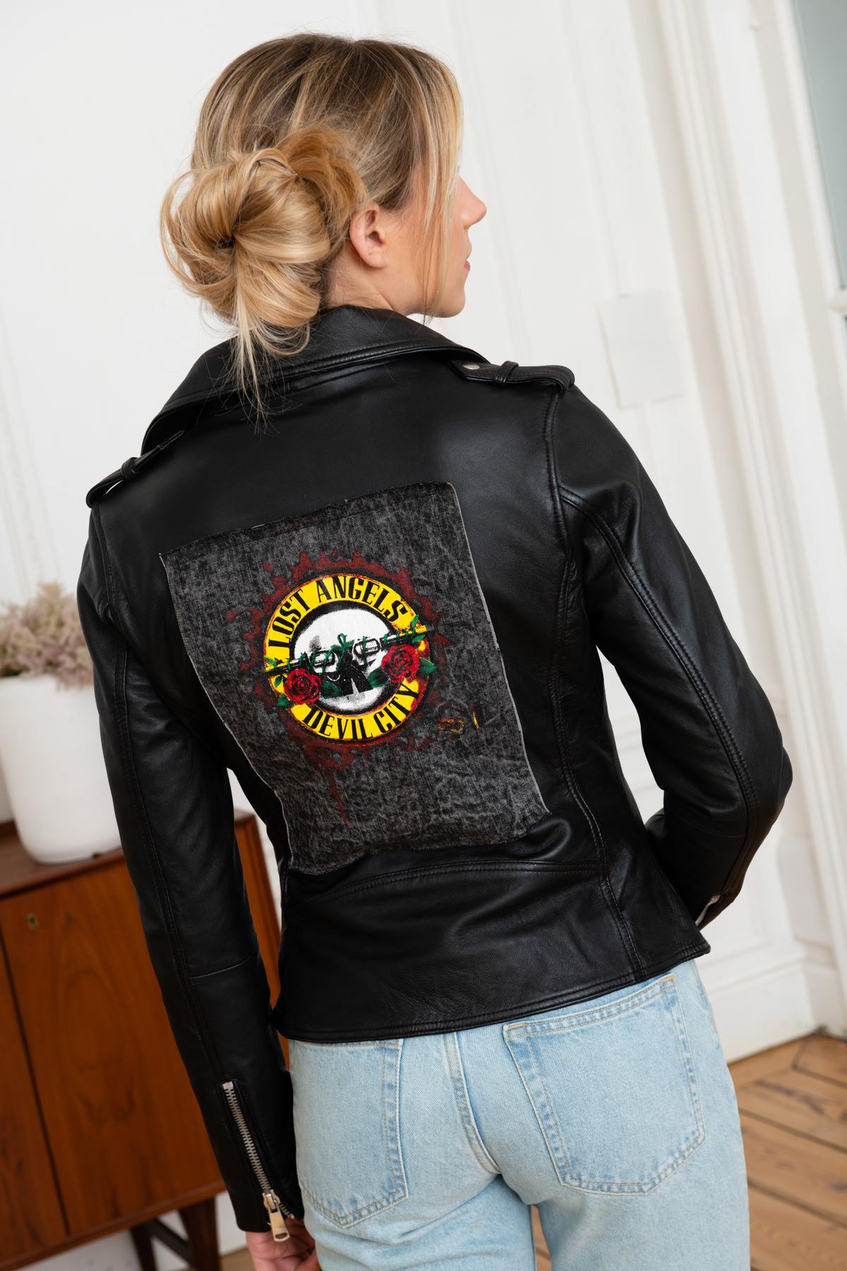 Sheepskin leather Biker Jacket with denim patch on the back - Image n°1