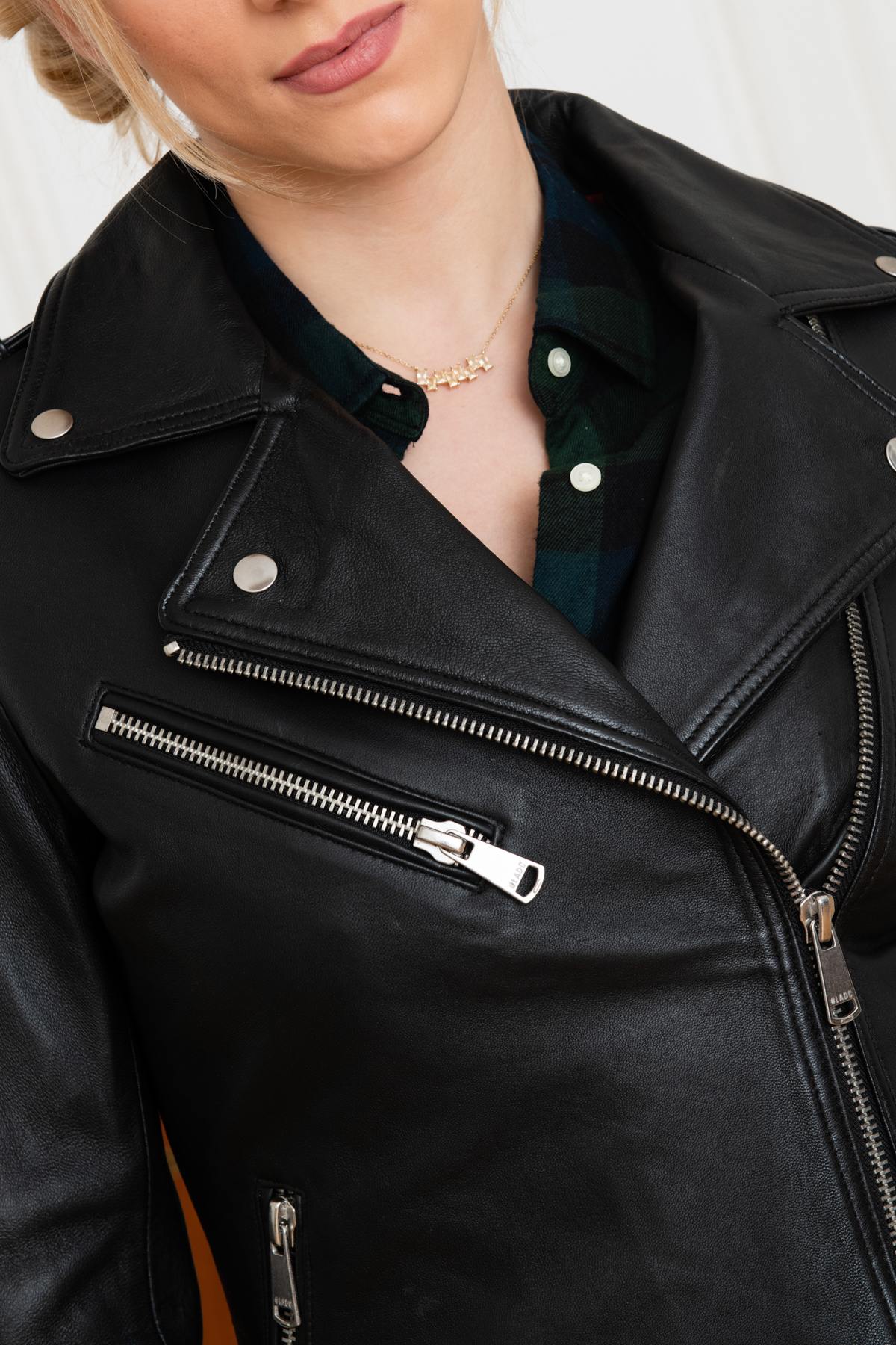 Sheepskin leather Biker Jacket with denim patch on the back - Image n°7
